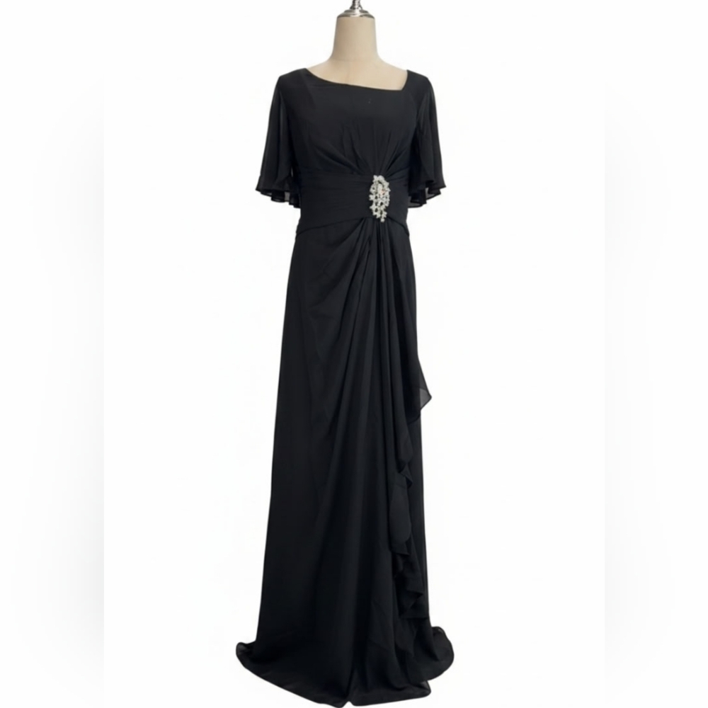 Elegant Black V-Neck Evening Dress with Brooch Detail